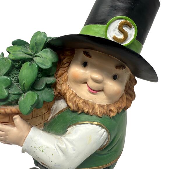 St. Patrick’s Day Leprechaun Statue w/ Shamrocks Garden Lawn Decor 12” - Picture 3 of 8